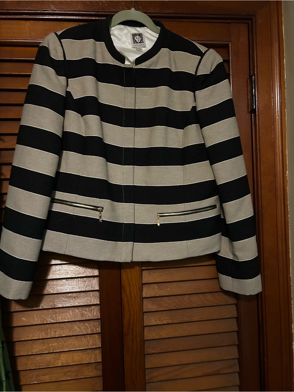 Anne Klein Black and Cream Striped Collarless Blazer Jacket